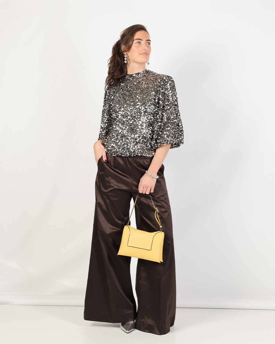 feestelijke outfit - dame met zijde bruine broek en een glitter top