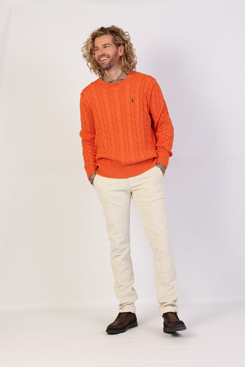 Bruin suède overshirt heren combineren met oranje trui 2 Bruin suède overshirt heren combineren met oranje trui - Afbeelding 2